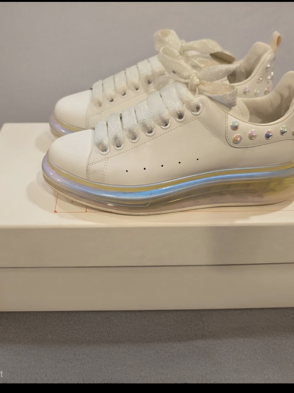 Alexander McQueen White Platform Sneakers with Iridescent Sole and Pearl Studs